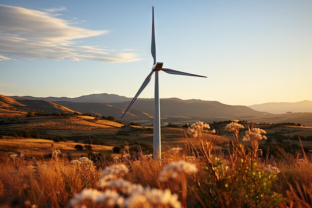 Eine majestätische Windturbine nutzt erneuerbare Energie in der ruhigen Landschaft, die mit generativer KI-Technologie erstellt wurde