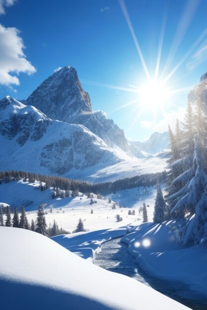 Eine majestätische Winterszene mit schneebedeckten Bergen, einem strahlend blauen Himmel und strahlenden Sonnenstrahlen