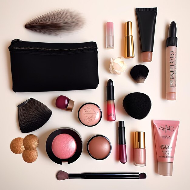 Eine Make-up-Kollektion mit Lippenstift, Make-up-Pinsel und einer schwarzen Tasche.