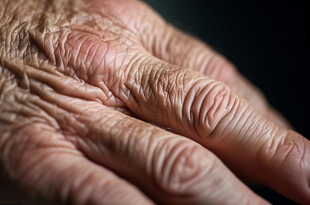 Eine Makro-Nachansicht einer menschlichen Hand, die die Oberflächenstruktur der Haut mit Falten darstellt