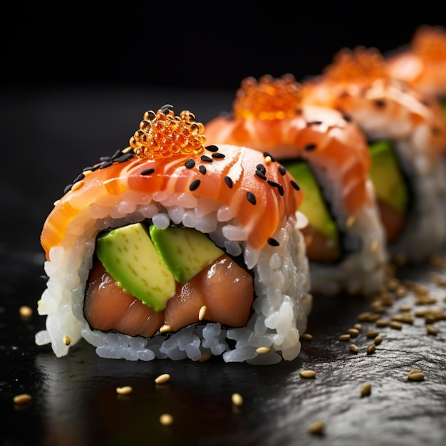 Eine Makroansicht einer Sushi-Rolle