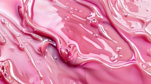 Eine Makroaufnahme, die die glatte Mischung aus rosa Gelcreme-Texturen mit glänzenden Wassertropfen aufzeichnet