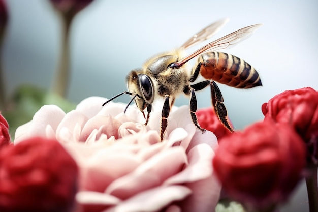 Eine Makroaufnahme einer Biene, die eine Rosenblume bestäubt