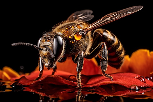 Eine Makroaufnahme einer Biene, die Pollen von einer Rose sammelt