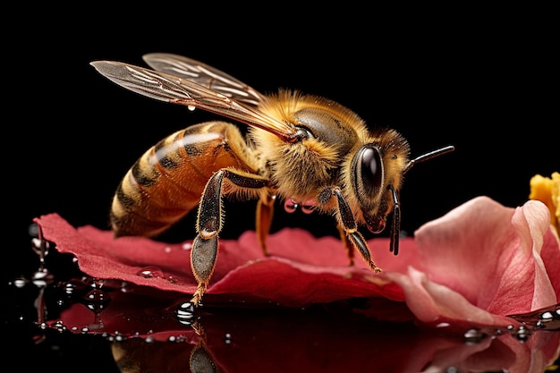 Eine Makroaufnahme einer Biene, die Pollen von einer Rose sammelt