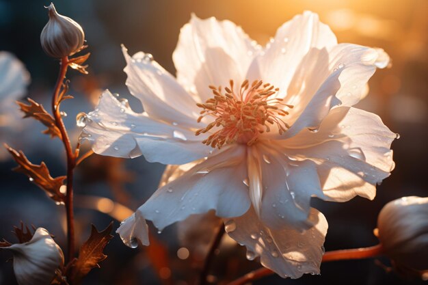 Eine Makroaufnahme einer zarten Blume, die im sanften Morgenlicht gebadet ist.