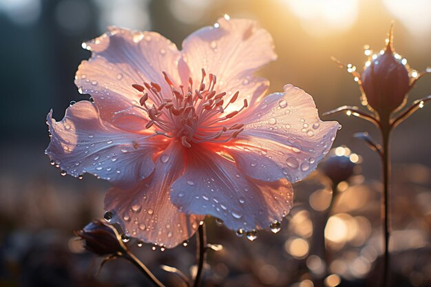 Eine Makroaufnahme einer zarten Blume, die im sanften Morgenlicht gebadet ist.