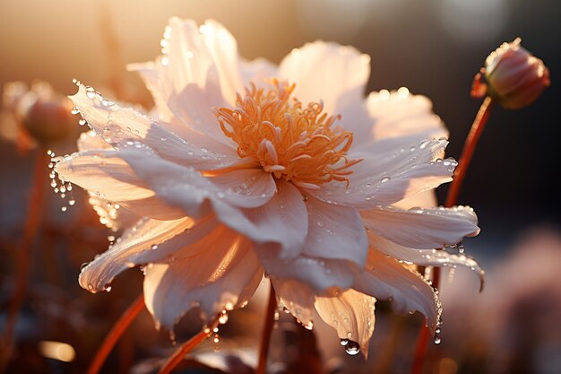 Eine Makroaufnahme einer zarten Blume, die im sanften Morgenlicht gebadet ist.