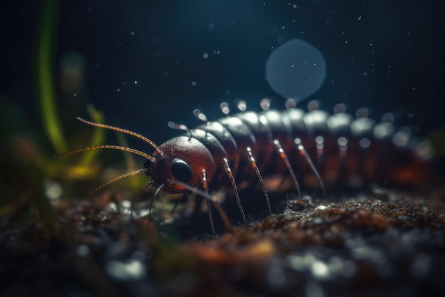 Eine Makroaufnahme eines Tausendfüßlers. Eine Raupe, die im Wald auf dem Boden kriecht. Generative KI