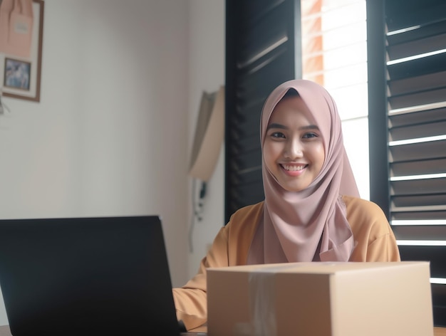 Eine malaiische Frau mit Hijab lächelt in die Kamera und arbeitet von zu Hause aus, um Pakete auszuliefern Generative KI