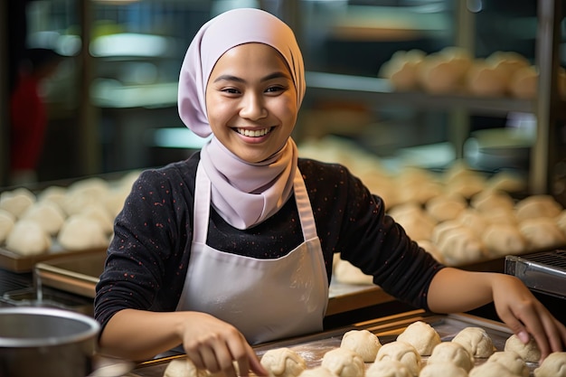 Eine malaiische muslimische Bäckerin, die in einer Bäckerei arbeitet