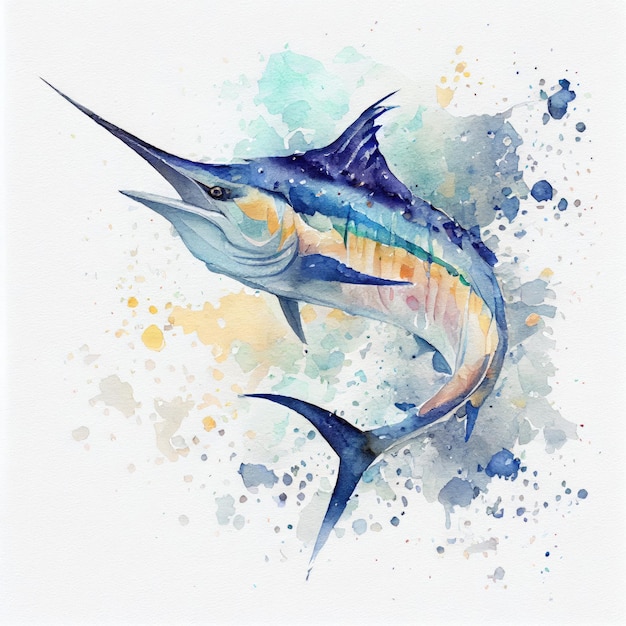 Eine Malerei eines blauen Speerfischfisches mit einem blauen Speerfisch auf der Unterseite.