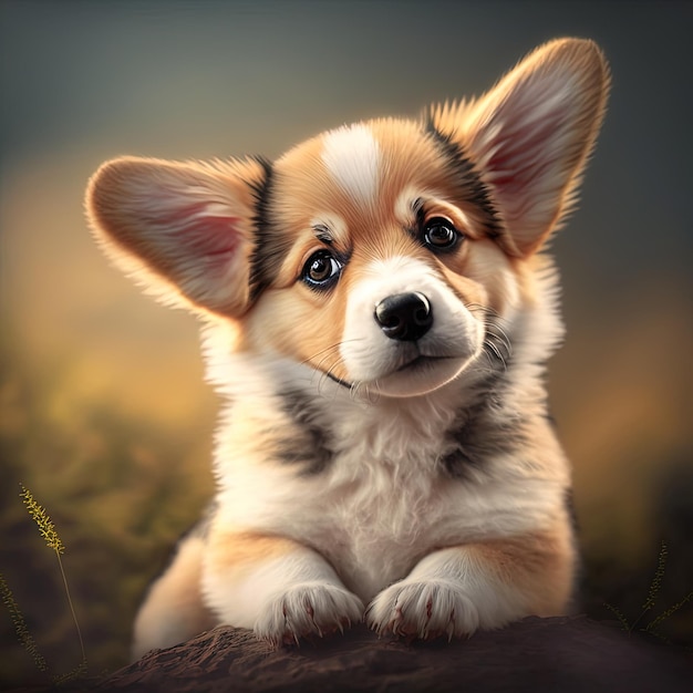 Eine Malerei eines Corgiwelpen mit einer braunen Nase.