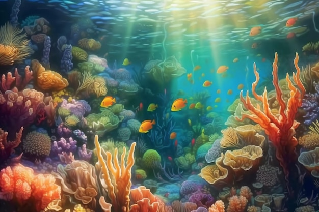 Eine Malerei eines Fisches und der Korallen