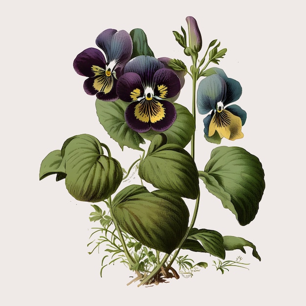 Foto eine malerei eines stiefmütterchens viola gracilis mit grünen blättern und einem weißen hintergrund