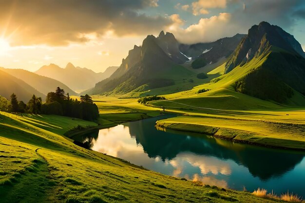 Eine malerische ländliche Landschaft mit einem windigen Fluss, einem üppigen grünen Heufeld und einem gefangenen Bauernhaus.