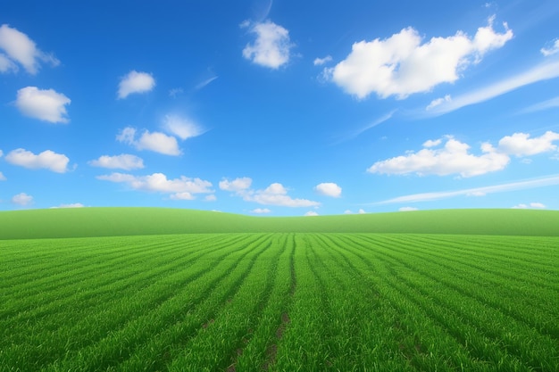 Eine malerische Landschaft enthüllt einen sanften Hang, der mit frischem grünem Gras bedeckt ist, gegen eine glückliche