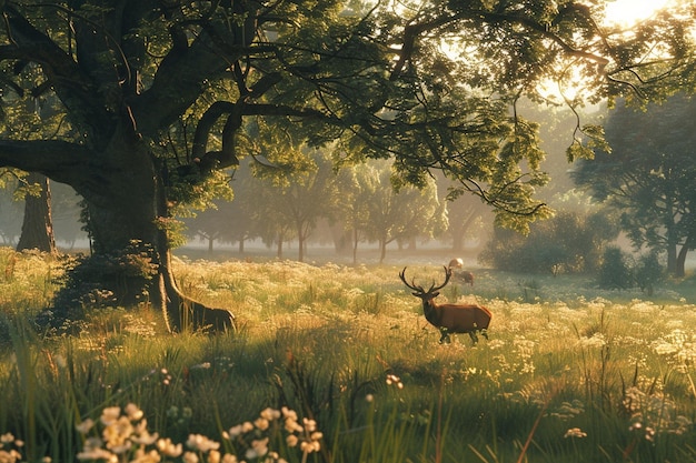 Eine malerische Landschaft mit weidenden Hirschen