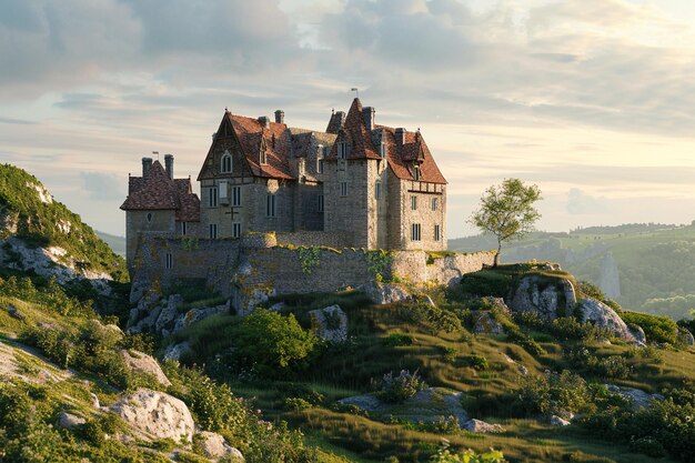 Foto eine malerische mittelalterliche burg auf einem hügel