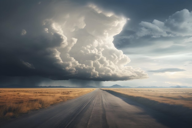 Eine malerische Straße, die sich unter einem dramatischen Himmel voller wogender Wolken in die Ferne erstreckt