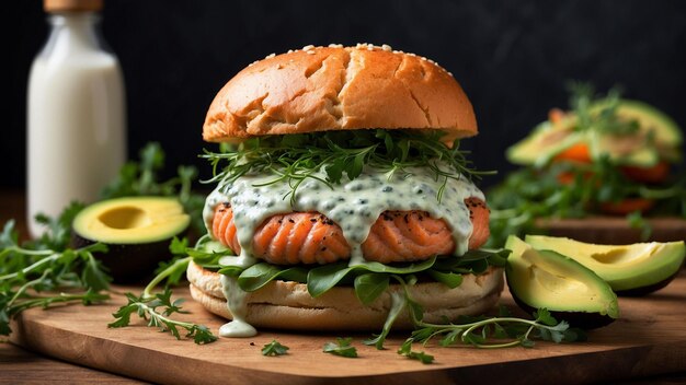 Foto eine malerische szene eines gourmet-lachsburgers, der kunstvoll auf einer hölzernen tischplatte platziert ist, die mit av geschmückt ist