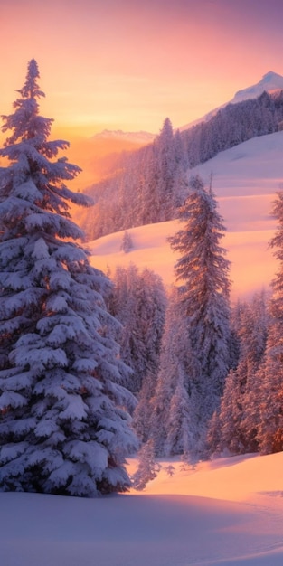 Eine malerische Winterszene mit schneebedeckten Bäumen und majestätischen Bergen