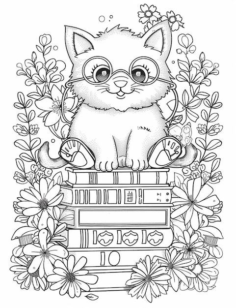 eine Malseite mit einer Katze, die auf einem Bücherregal sitzt und von Blumen umgeben ist