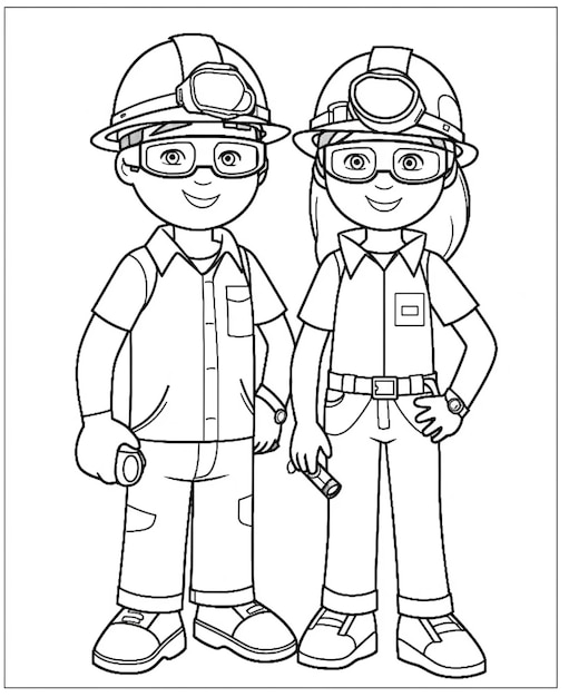 eine Malseite von zwei Feuerwehrleuten mit Helmen und Schutzbrillen generative ai