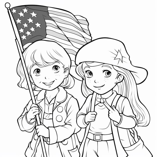 Foto eine malseite von zwei kindern, die eine flagge und einen rucksack in der hand halten