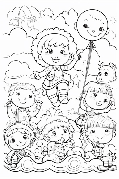 Eine Malvorlage einer Gruppe von Kindern mit einem Luftballon und einem Schaf.