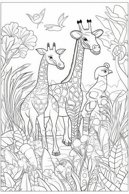 Eine Malvorlage mit einer Giraffe und einem Giraffenbaby.