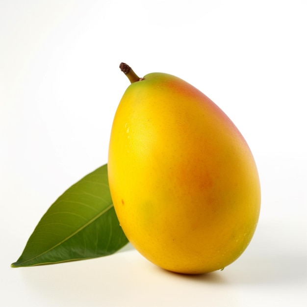 Eine Mango mit einem grünen Blatt darauf