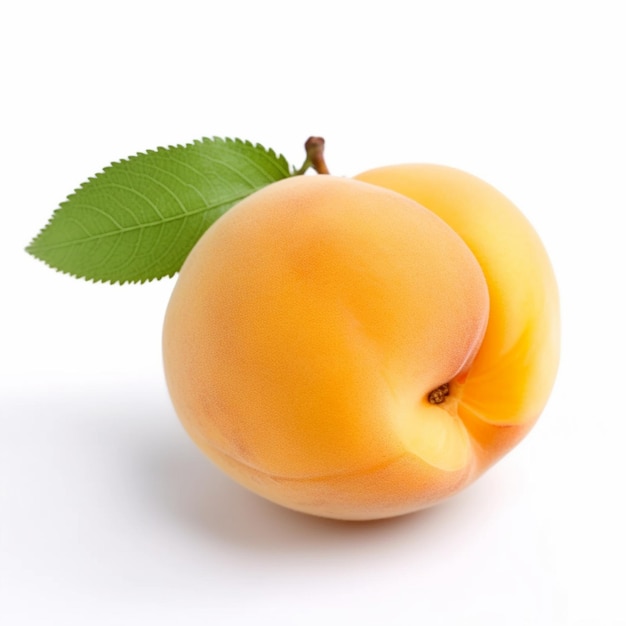 Eine Mango mit einem grünen Blatt, das neben einer Mango steht.