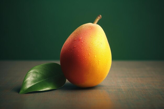 Eine Mango und ein Blatt auf einem Tisch