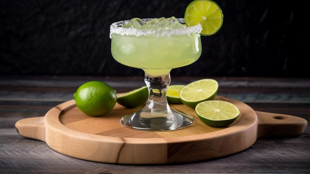 Eine Margarita mit Limetten auf einem Holzbrett