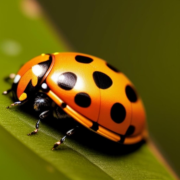Eine Marienkäfer mit schwarzen Punkten auf dem Rücken sitzt auf einem grünen Blatt.
