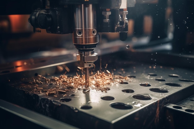 Eine Maschine, die mit einem Bohrer ein Stück Metall schneidet.