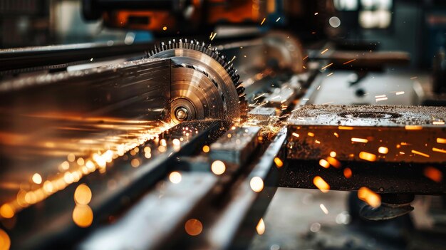 Foto eine maschine in einer fabrik schneidet metall und erzeugt funken, wenn ein metallschneid durch das material schneidet