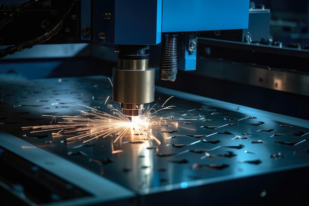 Eine Maschine mit einer Laserschneidmaschine, die ein Stück Metall schneidet.