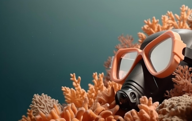 Eine Maske mit dem Wort Scuba darauf sitzt auf einem Korallenriff.