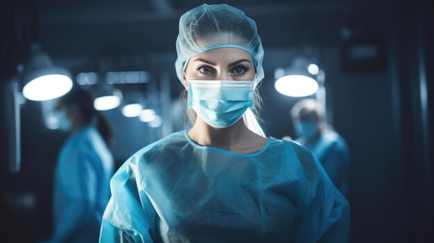 Eine maskierte Chirurgin steht mit gekreuzten Händen im Operationssaal und ist bereit, am Patienten zu arbeiten