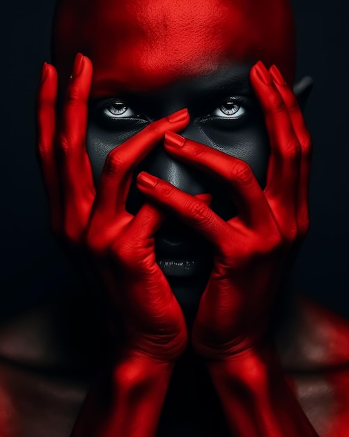 Eine maskierte, gruselige Frau mit verbundenen Augen und roten Nägeln bedeckt ihr Gesicht mit ihren Händen