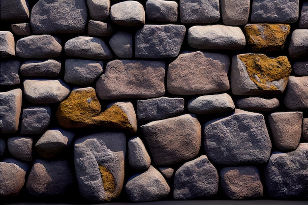 Eine Mauer aus Steinen, auf der gelbes Moos wächst.