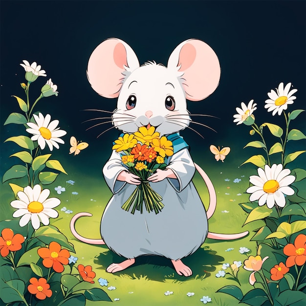 eine Maus, die Blumen hält