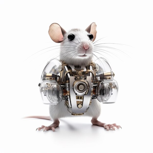 Eine Maus, die einen Roboteranzug mit einer Metallarmbinde trägt.