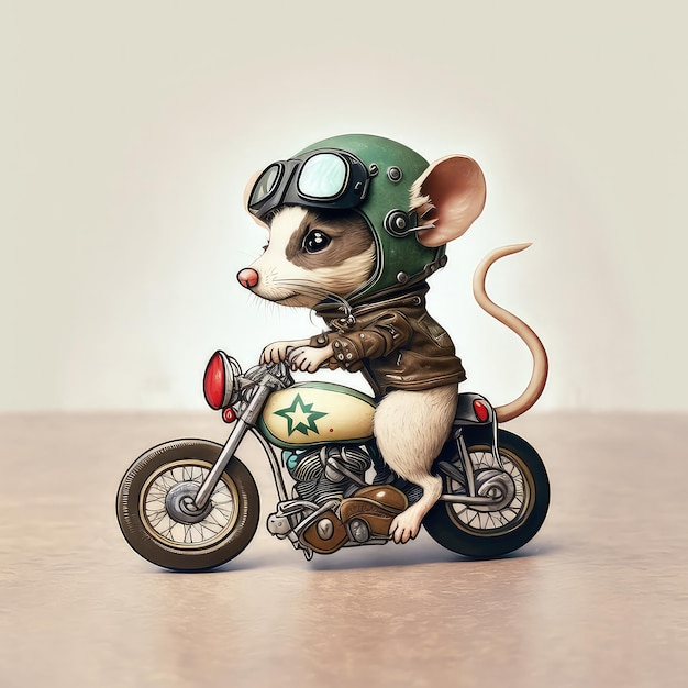 Eine Maus fährt mit Helm Motorrad.