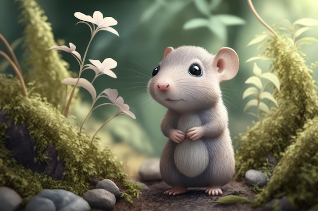 Eine Maus in einem Wald mit Blumen
