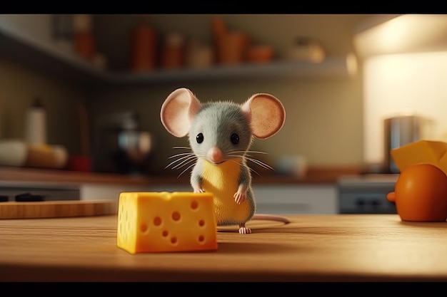 Eine Maus in einer Küche mit einem Stück Käse