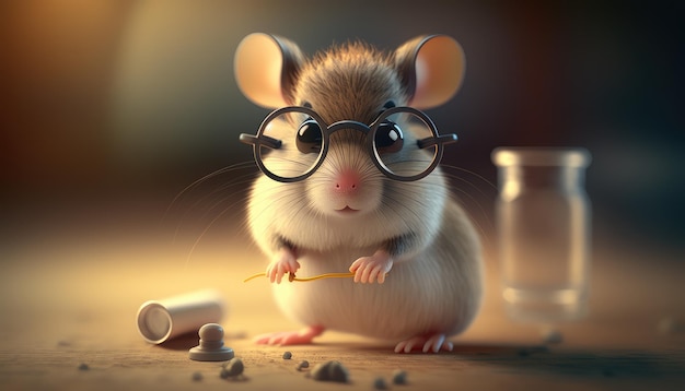 Eine Maus mit Brille und ein Glas Nüsse