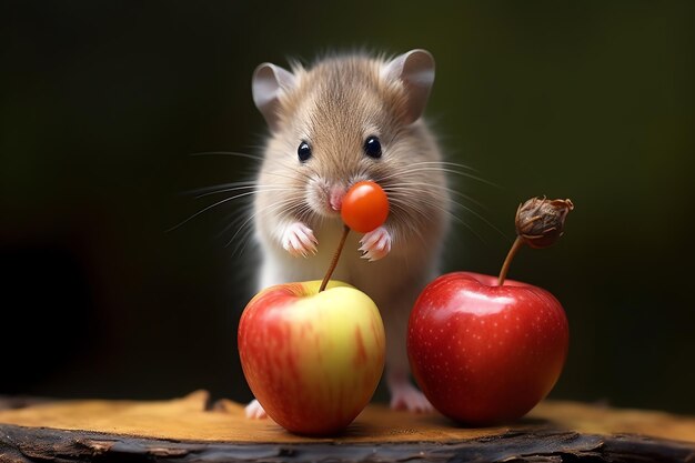 Eine Maus mit einem roten Apfel und einem Stück Obst